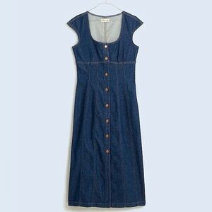 NWT Madewell Button-Down Maxi denim square neck midi dress in benton wash, Sz 6